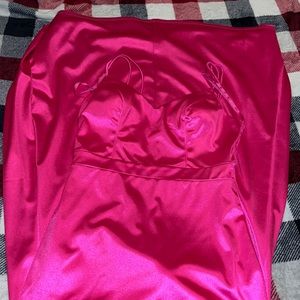Hot Pink Prom Dress with laced back & a slit.
